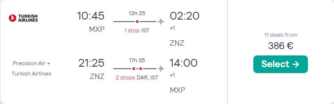 Cheap flights from Milan, Italy to Zanzibar, Tanzania for only €386 roundtrip with Turkish Airlines. Flight deal ticket image.