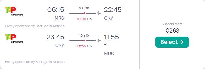 Click here to book this cheap flight deal. Cheap flights from Marseille, France to Conakry, Guinea for only €263 roundtrip with TAP Air Portugal. Flight deal ticket image.