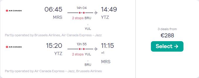Cheap flights from Marseille, France to Toronto, Canada for only €288 roundtrip with Brussels Airlines and Air Canada. Flight deal ticket image.