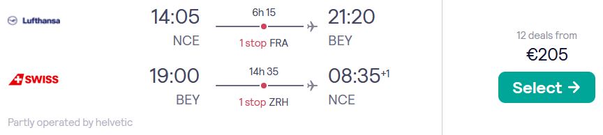 Cheap flights from Nice, France to Beirut, Lebanon for only €205 roundtrip with Lufthansa and Swiss International Air Lines. Flight deal ticket image.