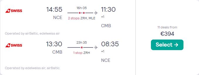 Cheap flights from Nice, France to Colombo, Sri Lanka for only €394 roundtrip. Flight deal ticket image.