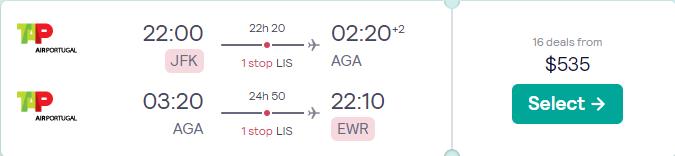 Cheap flights from New York to Agadir, Morocco for only $535 roundtrip with TAP Air Portugal. Flight deal ticket image.
