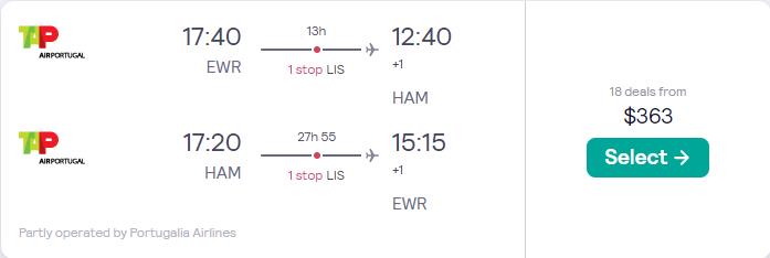 Cheap flights from New York to Hamburg, Germany for only $363 roundtrip with TAP Air Portugal. Flight deal ticket image.