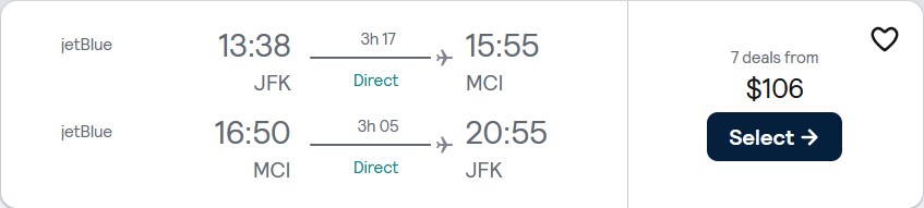Non-stop flights from New York to Kansas City for only $106 roundtrip with JetBlue. Also works in reverse. Flight deal ticket image.