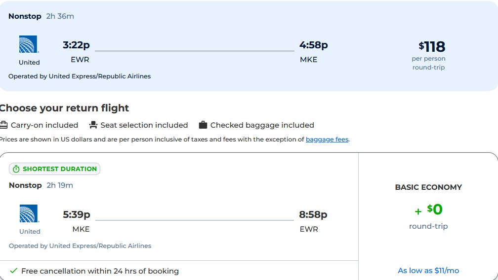 Non-stop flights from New York to Milwaukee for only $118 roundtrip with United Airlines. Also works in reverse. Flight deal ticket image.