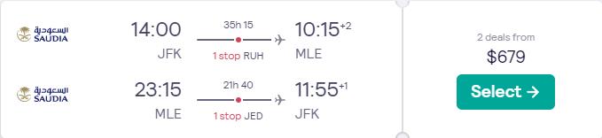 Cheap flights from New York to the Maldives for only $679 roundtrip. Flight deal ticket image.