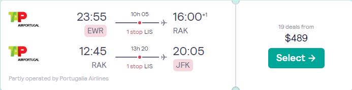 Cheap flights from New York or Boston to Marrakesh, Morocco from only $489 roundtrip with TAP Air Portugal. Flight deal ticket image.