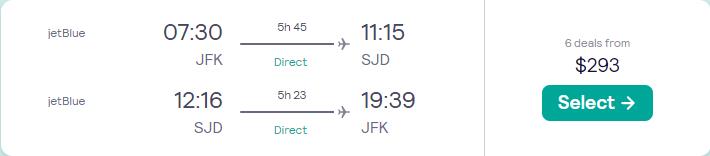 Non-stop flights from New York to San Jose del Cabo, Mexico for only $293 roundtrip with JetBlue. Flight deal ticket image.