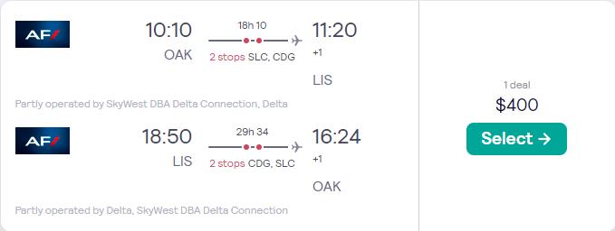 Cheap flights from Oakland, California to Lisbon, Portugal for only $400 roundtrip with Delta Air Lines and Air France. Flight deal ticket image.