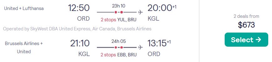 Cheap flights from Chicago to Kigali, Rwanda for only $673 roundtrip with United Airlines and Brussels Airlines. Flight deal ticket image.