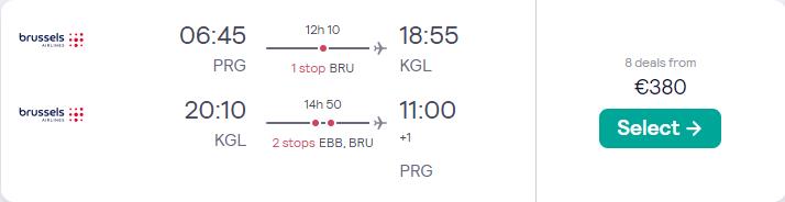 Cheap flights from Prague, Czech Republic to Kigali, Rwanda for only €380 roundtrip with Brussels Airlines. Flight deal ticket image.