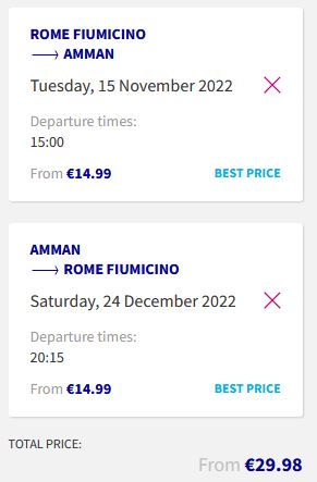 Non-stop flights from Rome, Italy to Amman, Jordan for only €29 roundtrip. Flight deal ticket image.