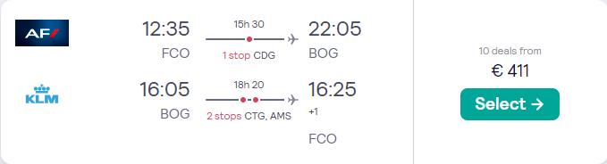 Cheap flights from Rome, Italy to Bogota, Colombia for only €411 roundtrip with Air France and KLM. Flight deal ticket image.
