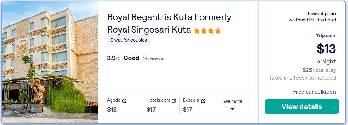 Stay at the 4* Royal Regantris Kuta Formerly Royal Singosari Kuta in Bali, Indonesia for only $13 USD per night. Flight deal ticket image.