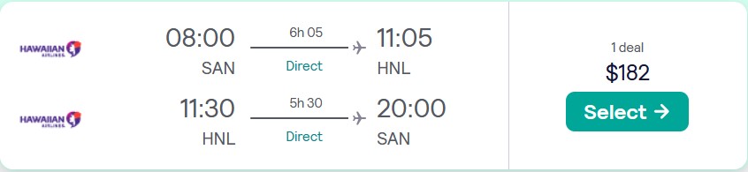 Non-stop flights from San Diego to Honolulu, Hawaii for only $182 roundtrip with Hawaiian Airlines. Also works in reverse. Flight deal ticket image.