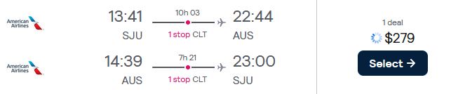 Click here to book this cheap flight deal. Cheap flights from San Juan, Puerto Rico to Austin, Texas for only $279 USD roundtrip with American Airlines. Flight deal ticket image.