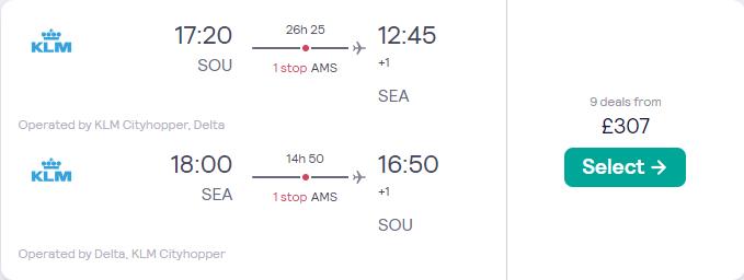 Click here to book this cheap flight deal. Cheap flights from UK cities to Seattle, USA from only £307 roundtrip with KLM and Delta Air Lines. Flight deal ticket image.