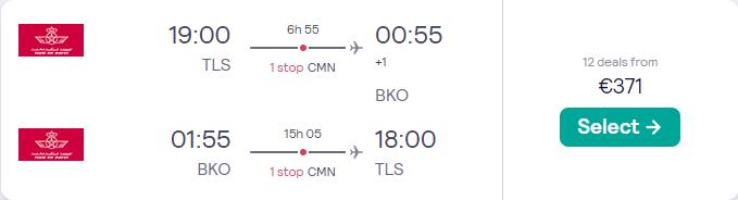 Cheap flights from French cities to Bamako, Mali from only €371 roundtrip with Royal Air Maroc. Flight deal ticket image.