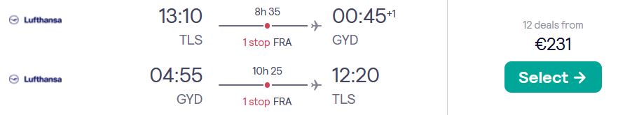 Cheap flights from Toulouse, France to Baku, Azerbaijan for only €231 roundtrip with Lufthansa. Flight deal ticket image.