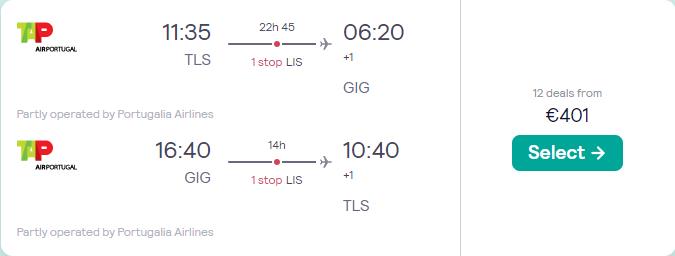 Cheap flights from Toulouse or Marseille, France to Rio de Janeiro, Brazil from only €401 roundtrip with TAP Air Portugal. Flight deal ticket image.
