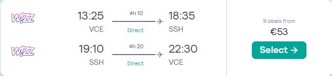 Non-stop flights from Venice, Italy to Sharm el Sheikh, Egypt for only €53 roundtrip. Flight deal ticket image.