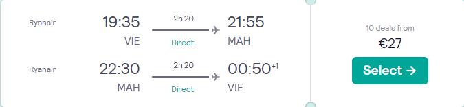 Non-stop flights from Vienna, Austria to Menorca, Spain for only €27 roundtrip. Flight deal ticket image.