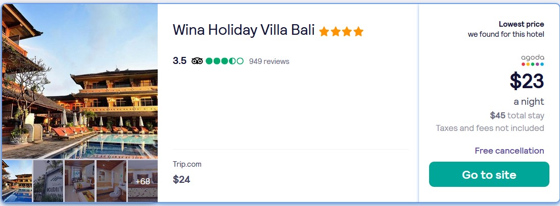 Stay at the 4* Wina Holiday Villa Bali in Bali, Indonesia for only $23 USD per night over Christmas. Flight deal ticket image.