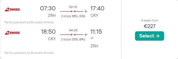 Cheap flights from Zurich, Switzerland to Conakry, Guinea for only €227 roundtrip with Swiss International Air Lines and Brussels Airlines. Flight deal ticket image.