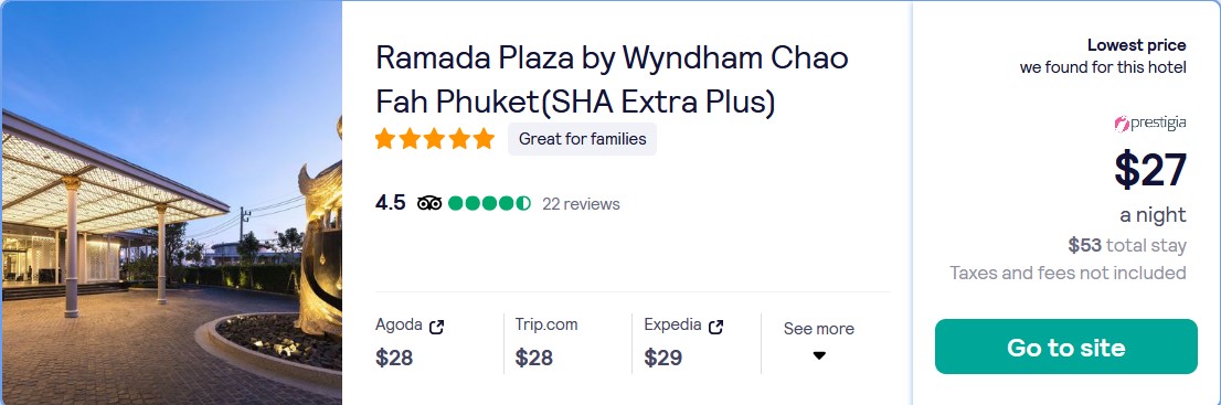 Click here to book this cheap flight deal. Stay at the 5* Ramada Plaza by Wyndham Chao Fah Phuket(SHA Extra Plus) in Phuket, Thailand for only $27 USD per night. Flight deal ticket image.