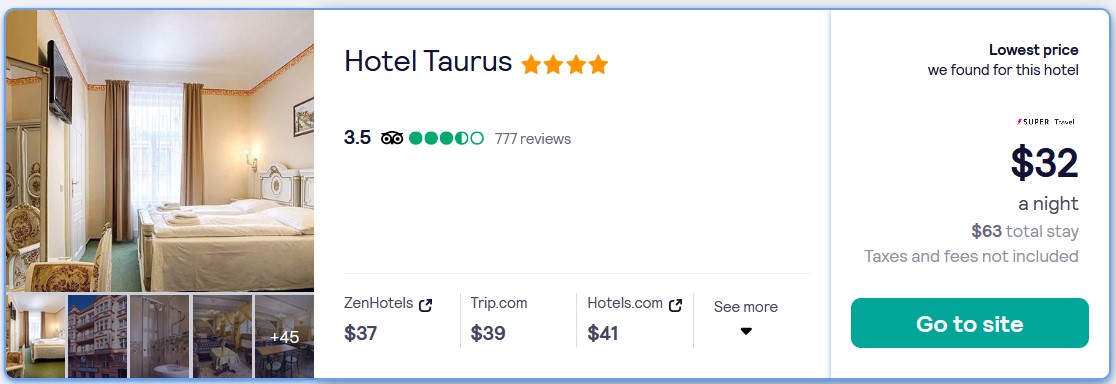 Stay at the 4* Hotel Taurus in Prague, Czechia for only $32 USD per night. Flight deal ticket image.