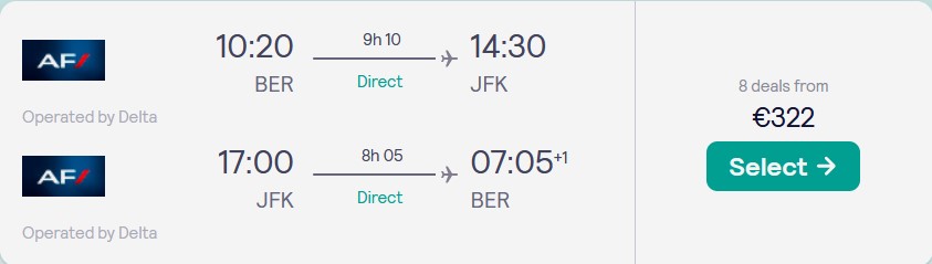 Cheap flights from German cities to New York, USA from only €322 roundtrip with Delta Air Lines. Flight deal ticket image.