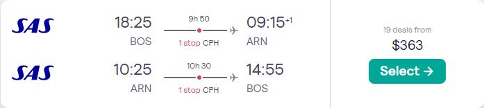Click here to book this cheap flight deal. Cheap flights from Boston to Scandinavian cities from only $363 roundtrip with Scandinavian Airlines. Flight deal ticket image.