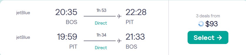 Non-stop flights from Boston to Pittsburgh for only $93 roundtrip with JetBlue. Also works in reverse. Flight deal ticket image.