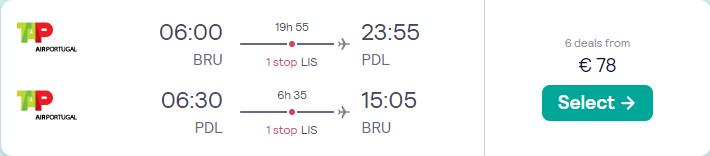 Cheap flights from Brussels, Belgium to the Azores for only €78 roundtrip with TAP Air Portugal. Flight deal ticket image.