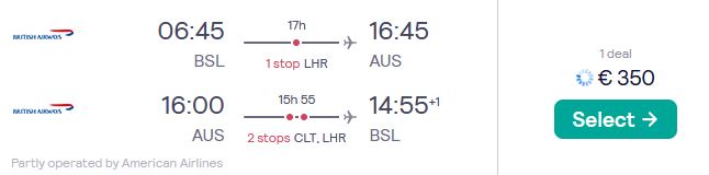 Cheap flights from Swiss cities to Austin, Texas from only €350 roundtrip with British Airways and American Airlines. Flight deal ticket image.