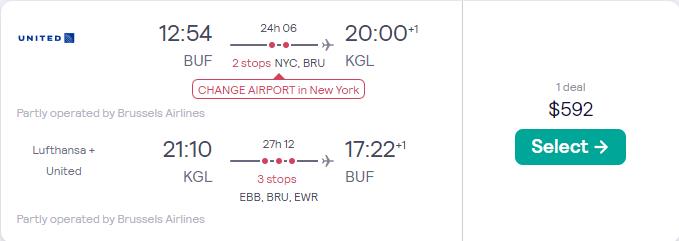 Cheap flights from Buffalo to Kigali, Rwanda for only $592 roundtrip with United Airlines and Brussels Airlines. Flight deal ticket image.