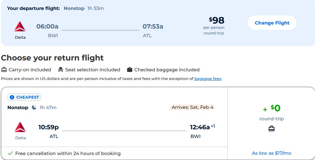 Non-stop flights from Baltimore to Atlanta for only $98 roundtrip with Delta Air Lines. Also works in reverse. Flight deal ticket image.