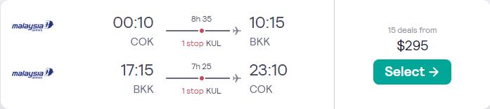 Click here to book this cheap flight deal. New Year flights from Kochi, India to Bangkok, Thailand for only $284 USD roundtrip with Malaysia Airlines. Flight deal ticket image.