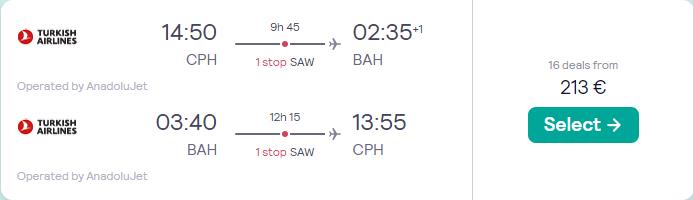 Cheap flights from Copenhagen, Denmark to Bahrain for only €213 roundtrip. Flight deal ticket image.