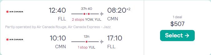 Click here to book this cheap flight deal. Cheap flights from Fort Lauderdale to Casablanca, Morocco for only $507 roundtrip with Air Canada. Flight deal ticket image.