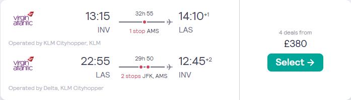 Cheap flights from Inverness, Scotland to Las Vegas, USA for only £380 roundtrip with KLM and Delta Air Lines. Flight deal ticket image.