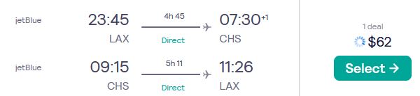 Non-stop flights from Charleston, South Carolina to Los Angeles for only $60 roundtrip with JetBlue. Also works in reverse. Flight deal ticket image.