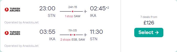 Cheap flights from London, UK to Tehran, Iran for only £126 roundtrip. Flight deal ticket image.