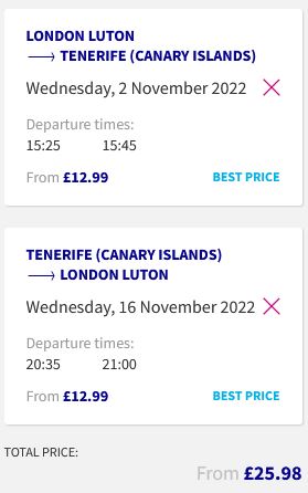 Non-stop flights from London, UK to Tenerife, Spain for only £25 roundtrip. Flight deal ticket image.