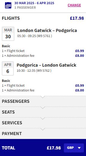 Click here to book this cheap flight deal. Non-stop flights from London, UK to Podgorica, Montenegro for only £17 roundtrip. Flight deal ticket image.