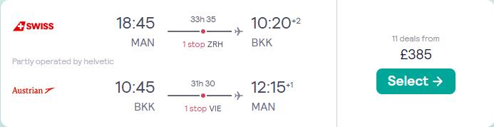 Click here to book this cheap flight deal. Cheap flights from Manchester or Birmingham, UK to Bangkok, Thailand from only £3850 roundtrip with Swiss International Air Lines and Austrian Airlines. Flight deal ticket image.