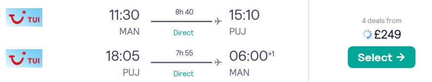 Non-stop, last minute flights from Manchester, UK to the Dominican Republic for only £249 roundtrip. Flight deal ticket image.