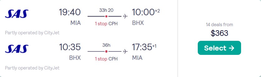 Cheap flights from Miami to Birmingham, UK for only $363 roundtrip with Scandinavian Airlines. Flight deal ticket image.