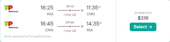 Cheap flights from Miami to Casablanca or Marrakesh, Morocco from only $336 roundtrip with TAP Air Portugal. Flight deal ticket image.