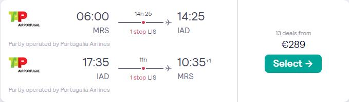 Click here to book this cheap flight deal. Cheap flights from Marseille, France to Washington DC, USA for only €289 roundtrip with TAP Air Portugal. Flight deal ticket image.